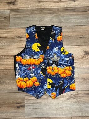 Vintage Active Trends Halloween Pumpkin Witch Skeleton Button Front Vest USA Lar